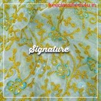 Buy Golden Floral Pattern Organza Fabric With Sequence Work at MK SIGNATURE Groom and Bride