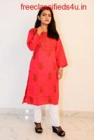 Buy Hand Embroidered Lucknowi Chikan Red Cotton Kurti 